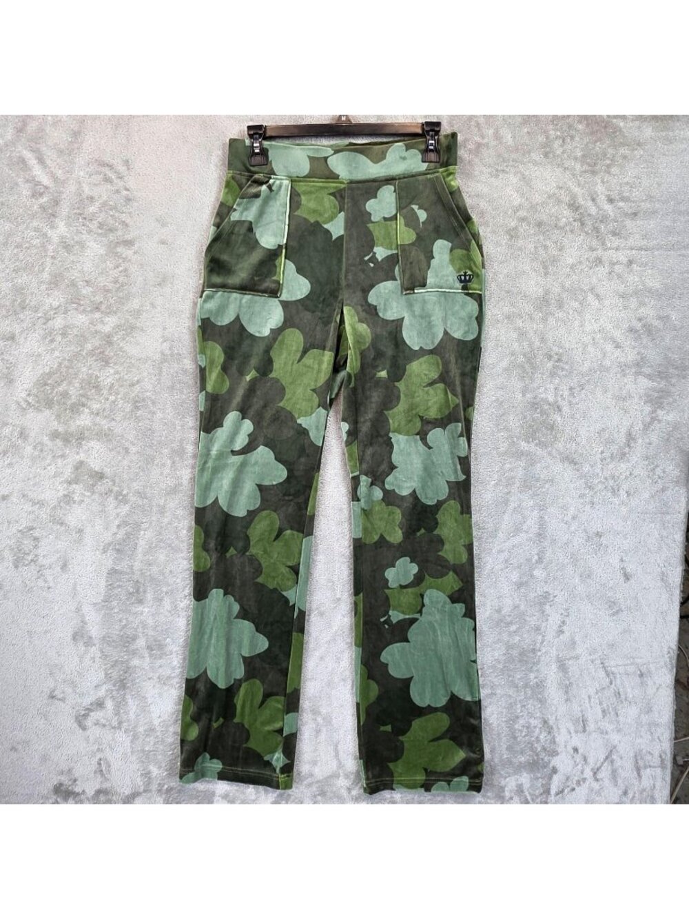 Juicy Couture Sweatpants Womens S Green Velour Camo Elastic Waist Lounge